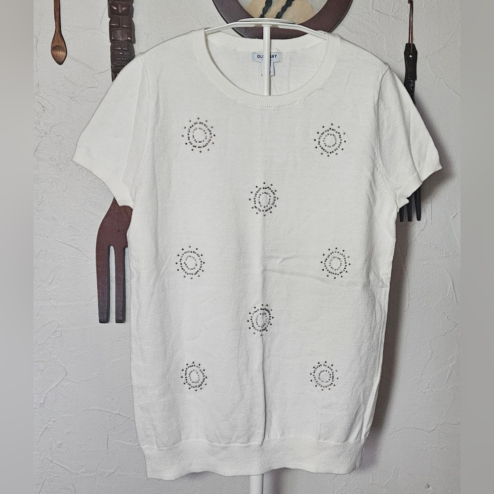 Old Navy M Short Sleeve White Women's Pullover Knit Sweater Gold Silver NWT